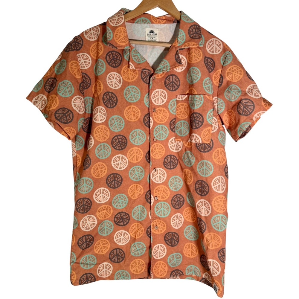 Salty Shreds Men's Surf Skate Short Sleeve Button Down Shirt Peace Orange Large